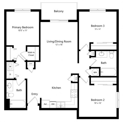 Floor plan for 3 beds, 2 baths, 1171 sqft